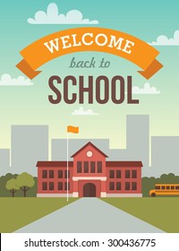 Bright flat illustration of school building for back to school banner or poster design