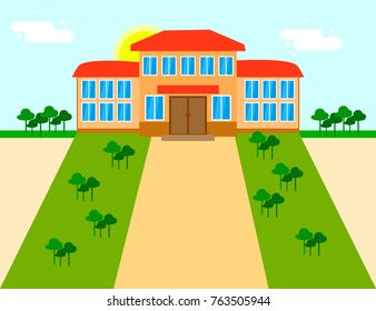 Bright flat illustration of school building and yard with trees for back to school banner or poster design. Vector Illustration