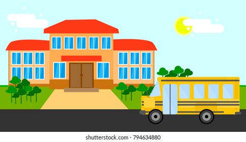 Bright flat illustration of school building, school bus and yard with trees for back to school banner or poster design. Vector Illustration