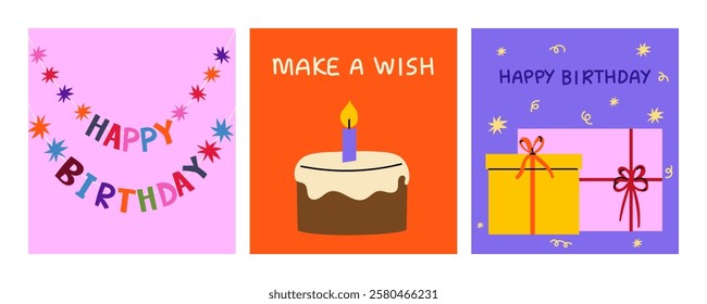 Bright flat illustration of a set of birthday cards in a minimalist style. Perfect for greeting cards, social media, invitations, prints, and stickers for birthday celebrations.