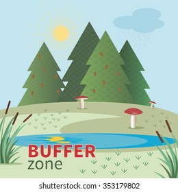 Bright flat image of buffer zone with fir trees, mushrooms in the meadow and lake