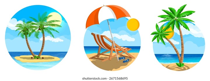 Paisaje plano brillante con una palmera en una isla y una silla de playa. Concepto de vacaciones de verano tropical.