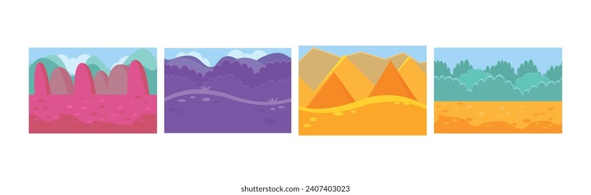 Bright Flat Landscapes View as Game Background Vector Set