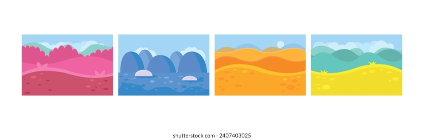 Bright Flat Landscapes View as Game Background Vector Set