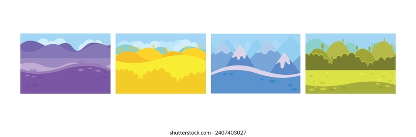 Luminosos paisajes planos ven como conjunto de vectores de fondo de juego
