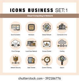 Bright flat line icons set of cloud computing, network server connection. Modern flat design linear pictogram collection, outline vector concept of stroke symbol pack. Premium quality web material