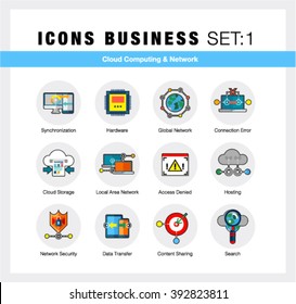 Bright flat line icons set of cloud computing, network server connection. Modern flat design linear pictogram collection, outline vector concept of stroke symbol pack. Premium quality web material