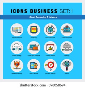 Bright flat line icons set of cloud computing, network server connection. Modern flat design linear pictogram collection, outline vector concept of stroke symbol pack. Premium quality web material