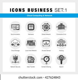 Bright flat line icons set of cloud computing, network server connection. Modern flat design linear pictogram collection, outline vector concept of stroke symbol pack. Premium quality web material
