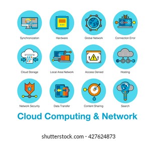 Bright flat line icons set of cloud computing, network server connection. Modern flat design linear pictogram collection, outline vector concept of stroke symbol pack. Premium quality web material