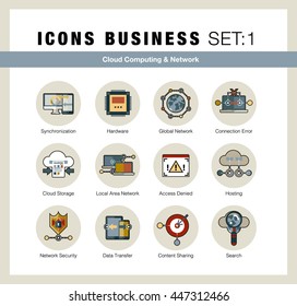 Bright flat line icons set of cloud computing, network server connection. Modern flat design linear pictogram collection, outline vector concept of stroke symbol pack. Premium quality web material