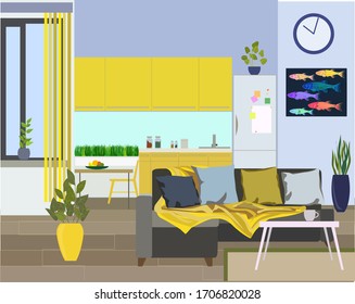 bright flat living room kitchen with yellow and blue accents ,vector EPS 10