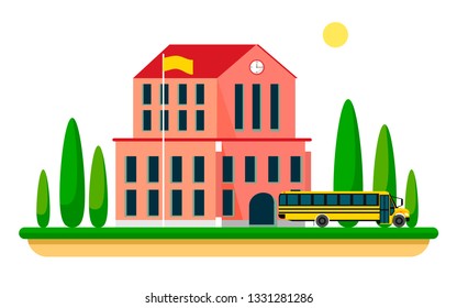 Bright flat school illustration with a school bus in the foreground. Vector illustration of a flat style.