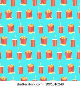 Bright flat seamless pattern with cola plastic glass and french fries on blue background. Cute fast food texture for textile, cafe and bar covers, banners, wrapping paper, wallpaper, menu design