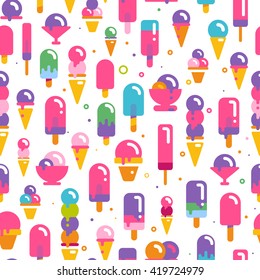 Bright flat seamless pattern with different types of ice cream. Vector geometric hot summer Illustration for local farm market or some handmade icecream with white background