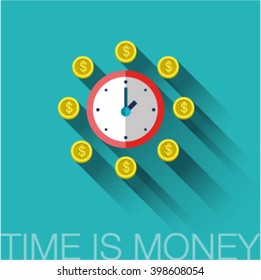 Bright flat sign clock with coins, time is money symbol, logo, button, stamp for business and finance and web