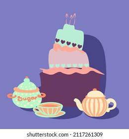 Bright flat style birthday cake vector illustration. Purple, blue, peach pink colored layered cake with tea set. Sugar pot, tea pot, tea cup. Tea time. Funny design. Gift card.