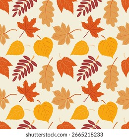 A queda de estilo plano brilhante deixa o padrão repetido. Inclui bétula, bagas de rowan, tília, carvalho, bordo. Laranjas ricas, vermelhas, amarelas em creme. Ideal para desenhos sazonais, tecidos, papéis de parede.