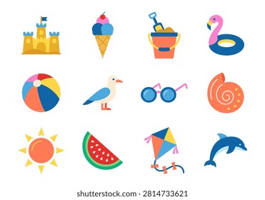 Bright flat style summer icons including sandcastle icecream sunglasses and dolphin