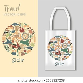 Bright flat style vector with iconic Sicily symbols arranged in a circle and a tote bag mockup. Perfect for travel designs, souvenirs or using the mockup separately