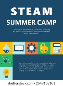 Bright flat vector banner with STEAM summer camp concept. Includes icons of science, technology, engineering, math, books, atom, gear, laptop, lightbulb. 