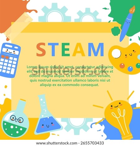 Bright flat vector banner with STEAM summer camp concept. Includes icons of science, technology, engineering, math, books, atom, gear, laptop, lightbulb. 