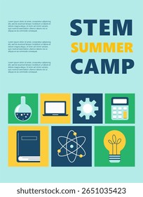 Banner de vetor plano brilhante com conceito de acampamento de verão STEM. Inclui ícones de ciência, tecnologia, engenharia, matemática, livros, átomo, engrenagem, laptop, lâmpada. 