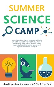 Bright flat vector banner with summer science camp concept. Includes icons of science, technology, engineering, math, books, atom, gear, laptop, lightbulb. 