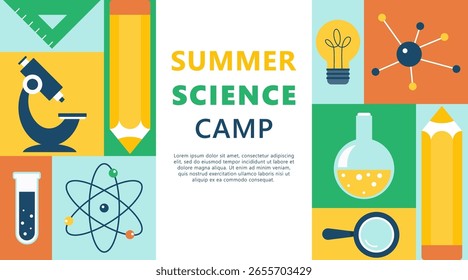 Banner de vetor plano brilhante com conceito de acampamento científico de verão. Inclui ícones de ciência, tecnologia, engenharia, matemática, livros, átomo, engrenagem, laptop, lâmpada. 