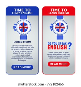 Bright flat vector banners with Wrist Watch for English language learning. Courses of foreign language, schools for studying British pronunciation. Information for site, social network, poster.