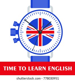 Bright flat vector banners with Wrist Watch for English language learning. Courses of foreign language, schools for studying British pronunciation. Information for site, social network, poster.