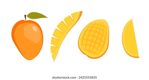 Vector plano brillante exótico maduro naranja y rojo conjunto de mango - fruta dividida en una mitad, cuarto, cubos. Frutas tropicales simples coloridas lindas del verano para la etiqueta engomada, diseño del menú, paquete