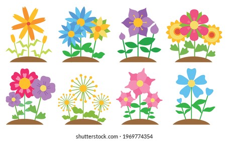 Bright flat vector flowers in the ground for greeting cards, menus, booklets, banners, advertisements, invitation cards, exhibitions, shops. Retro style for printing on clothes isolated on white