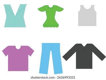 Bright flat vector icons of clothing items including shirts, pants, jackets, and dresses in various colors