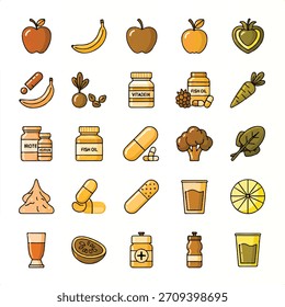 Iconos planos brillantes del vector de los suplementos de las verduras de las frutas y de los Elementos de la hidratación diseñados en un estilo redondeado limpio perfecto para las comidas de la marca del bienestar y el contenido de la aptitud.
