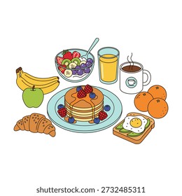 A bright, flat vector illustration of a cheerful breakfast scene. Golden-brown pancakes stacked on a blue plate are drizzled with syrup and topped with berries. Surrounding the plate are avocado toast with sunny-side-up egg, a glass fruit bowl, a flaky croissant, bananas, apples, oranges, a glass of orange juice, and a steaming coffee mug. Perfect for food, lifestyle, or brunch-themed designs.