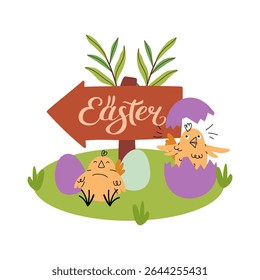 Bright flat vector illustration of Easter greeting card with funny chick, egg, grass and sign. Perfect for spring holiday cards, banner, invitation, poster, web design, printable decor.