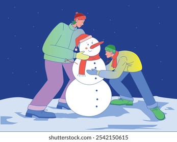 Bright flat vector illustration in modern style. Two young characters building snowman on winter night. Male and female in cozy winter outfits, joyful expressions. Vector illustration in bold colors.