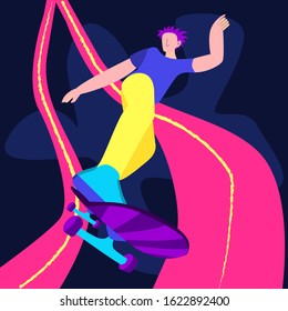 Bright flat vector illustration of a young man on a skate board. Сartoon character. Young hand drawn sportsman on colorful background. Eps 8.