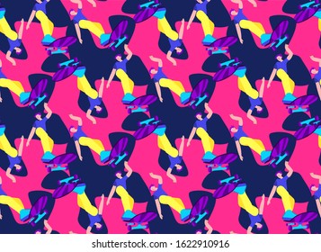 Bright flat vector seamless pattern of a young man on a skate board. Сartoon character. Young hand drawn sportsman on colorful background. Eps 8.
