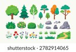 Bright flat vector set featuring stylized trees, bushes, flowers, rocks, grass, and landscape elements isolated on neutral background for nature and garden design projects.