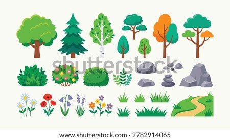 Bright flat vector set featuring stylized trees, bushes, flowers, rocks, grass, and landscape elements isolated on neutral background for nature and garden design projects.