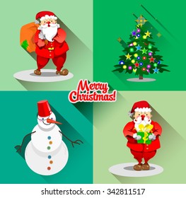 Bright flat vector set greetings for Merry Christmas and Happy New Year. Santa Claus with a bag of gifts, the Christmas tree in the balls and flames, funny snowman, Santa Claus with a gift.