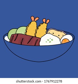 Bright Flat Vector Style Tendon, Japanese Food Illustration with Different Ingredients