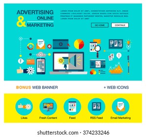 Bright flat web banner template design with outline icons of online marketing promotion, digital advertising research, SMM campaign. Vector illustration business concept for websites, infographics.