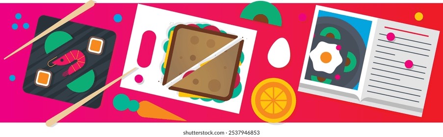Bright flat-lay vector illustration of various foods, including sushi, sandwiches, eggs, fruit, and a cookbook. Vibrant colours and simple shapes create a playful, modern design of meal elements