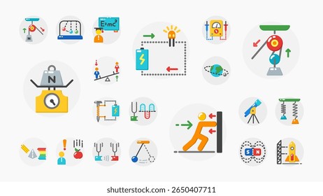 Ícones luminosos de estilo plano com conceitos de física, movimento, energia, força, eletricidade, ferramentas experimentais e visuais educacionais de ciência.
