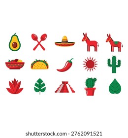 A bright, flat-style illustration featuring iconic symbols of Mexico, including food, animals, and desert flora.