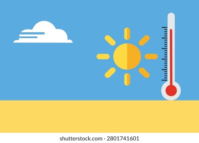 Bright flat-style illustration of a hot summer sun next to a rising thermometer above a clear blue sky and sandy foreground, evoking heat, high temperature, sunny weather and summer warmth.