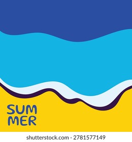 Bright flat-style summer beach background featuring layered ocean waves, yellow sand and playful 'SUMMER' typography. Bold colors and simple shapes create a fun, sunny design ideal for posters, banners and social posts. sstkSummer